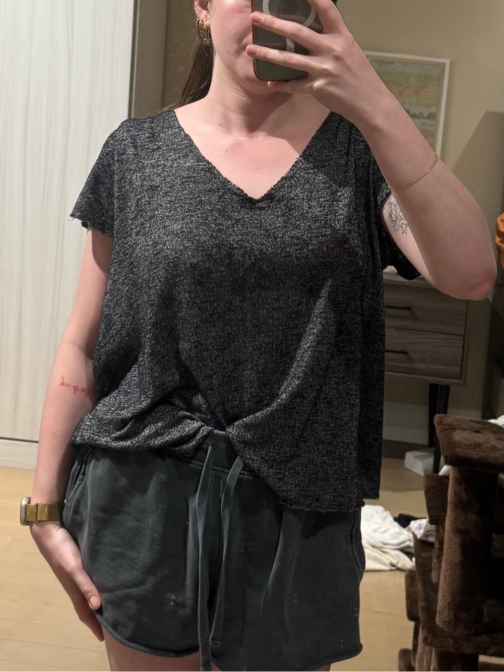 Project Social T Heathered V-Neck Short Sleeve Top - Charcoal